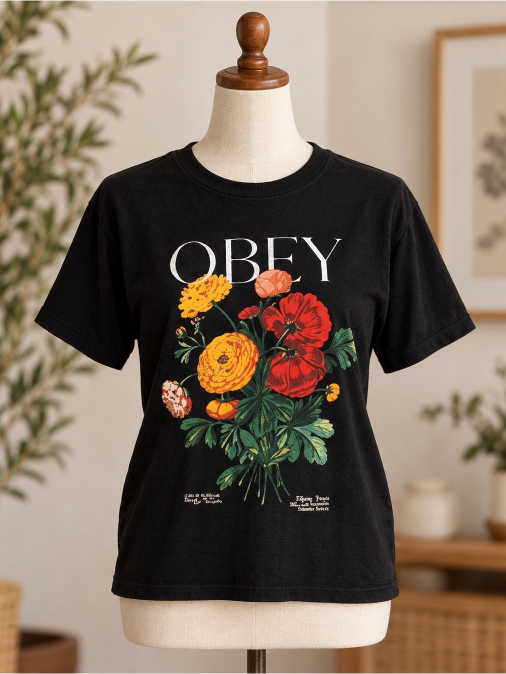 OBEY Floral Bouquet Graphic T-Shirt Black Size Small Streetwear